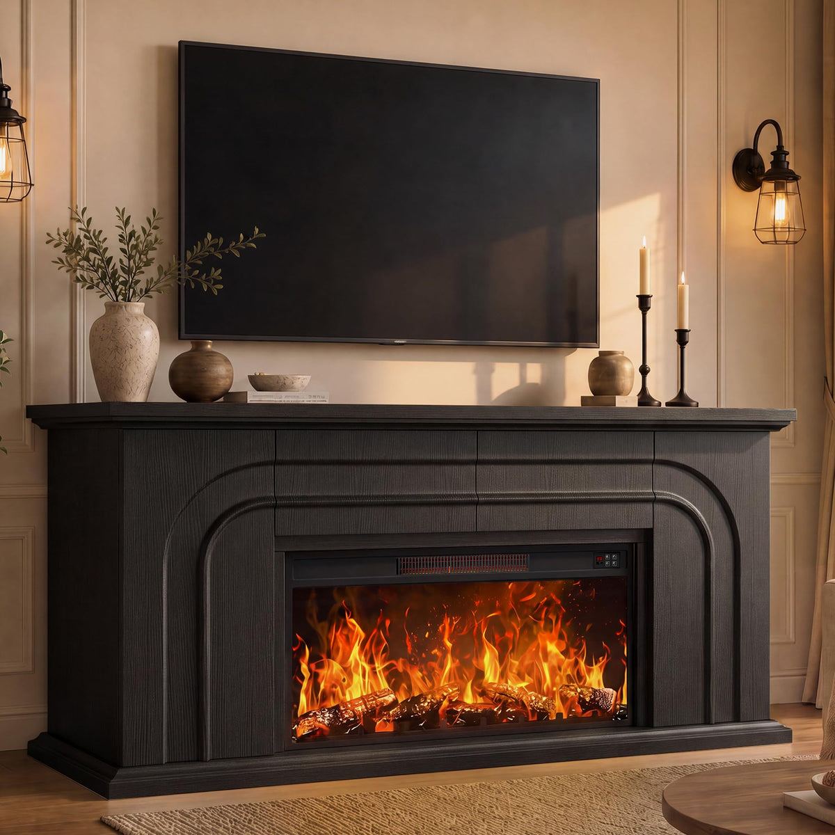 MapleGrace 70" Farmhouse Fireplace TV Stand with 36" Fireplace, Black