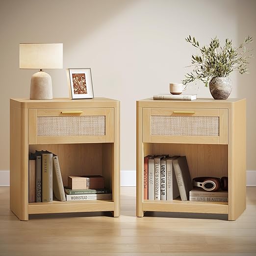 Boho Rattan-Look Nightstands with Drawer – Set of 2