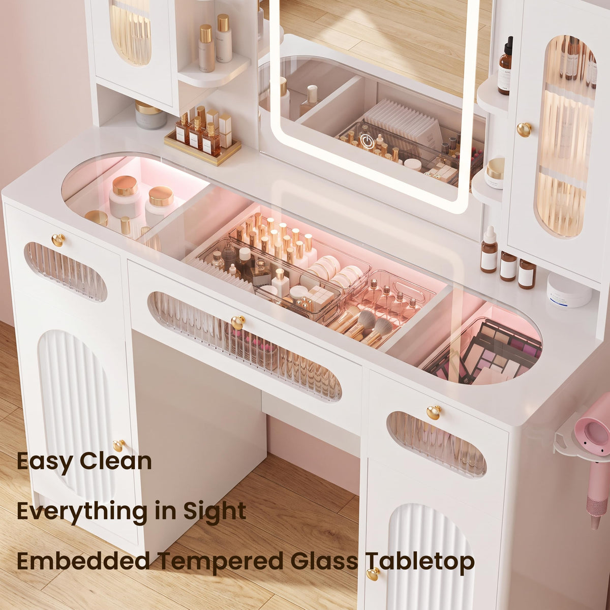 HarborHue 43" Fluted Makeup Vanity Desk with Mirror and Lights for Bedroom