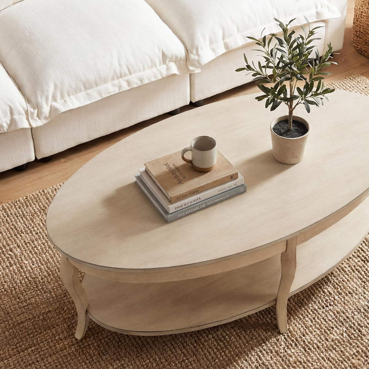 chairus Oval Solid Wood Coffee Table with Storage Farmhouse Living Room Table Country Rustic Center Table for Living Room Reception Room Waiting Room, Faded White Color