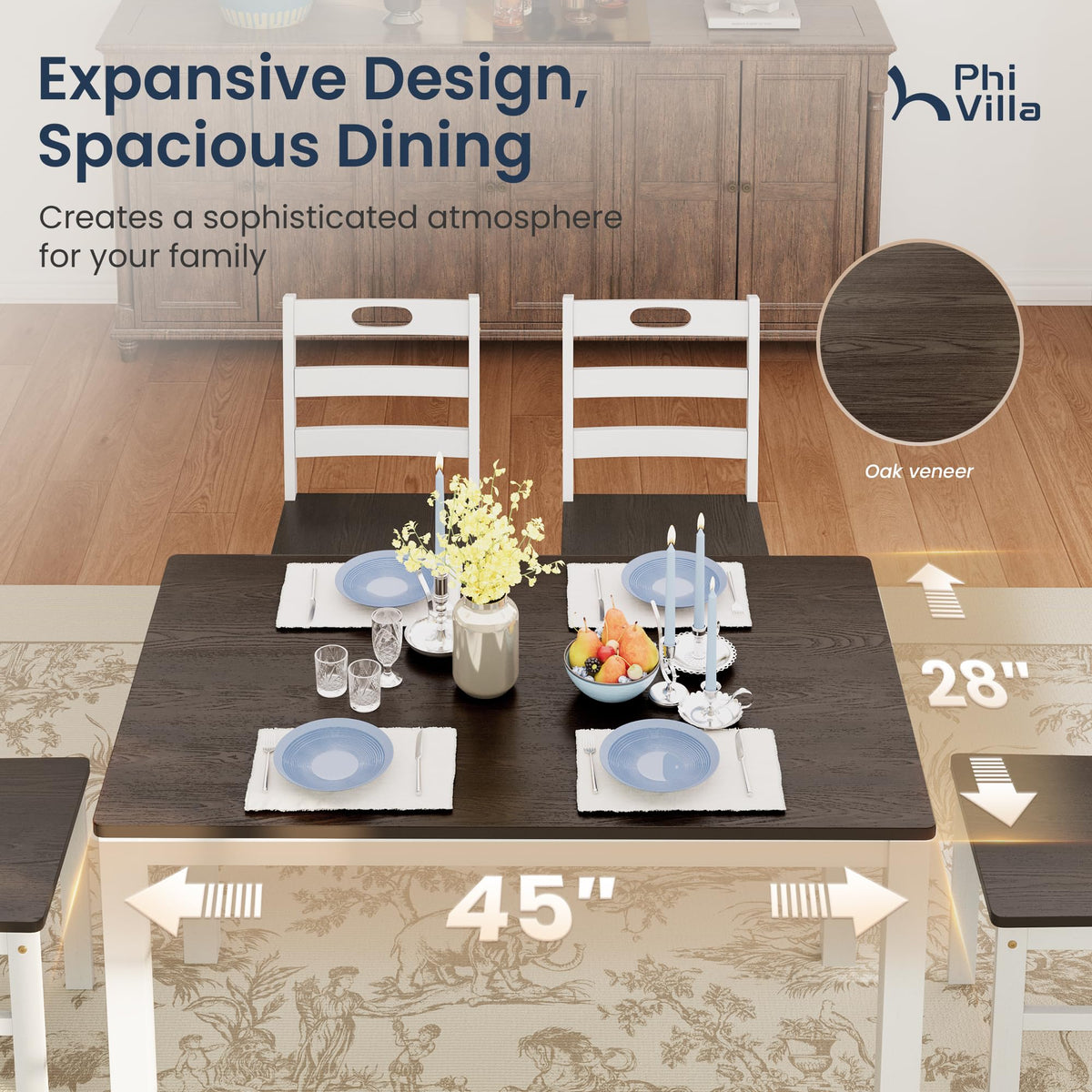 PHI VILLA Dining Table Set for 4, Solid Wood Kitchen Table and Chairs