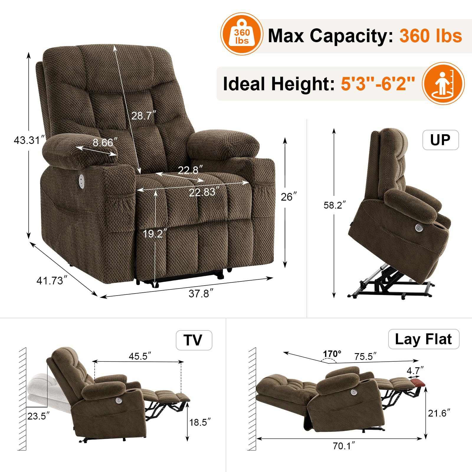 Syrhrei Dual Motor Extra Wide Power Lift Chair for Elderly, Infinite Position, 170° Lay Flat, Heavy Duty Lift Recliner Chair for Big and Tall with Extended Footrest(Plush Flannel,Brown)