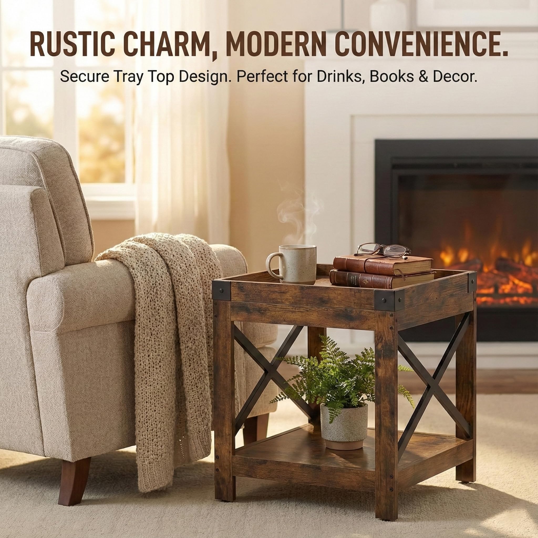 Farmhouse Square Side Table with Storage Shelf