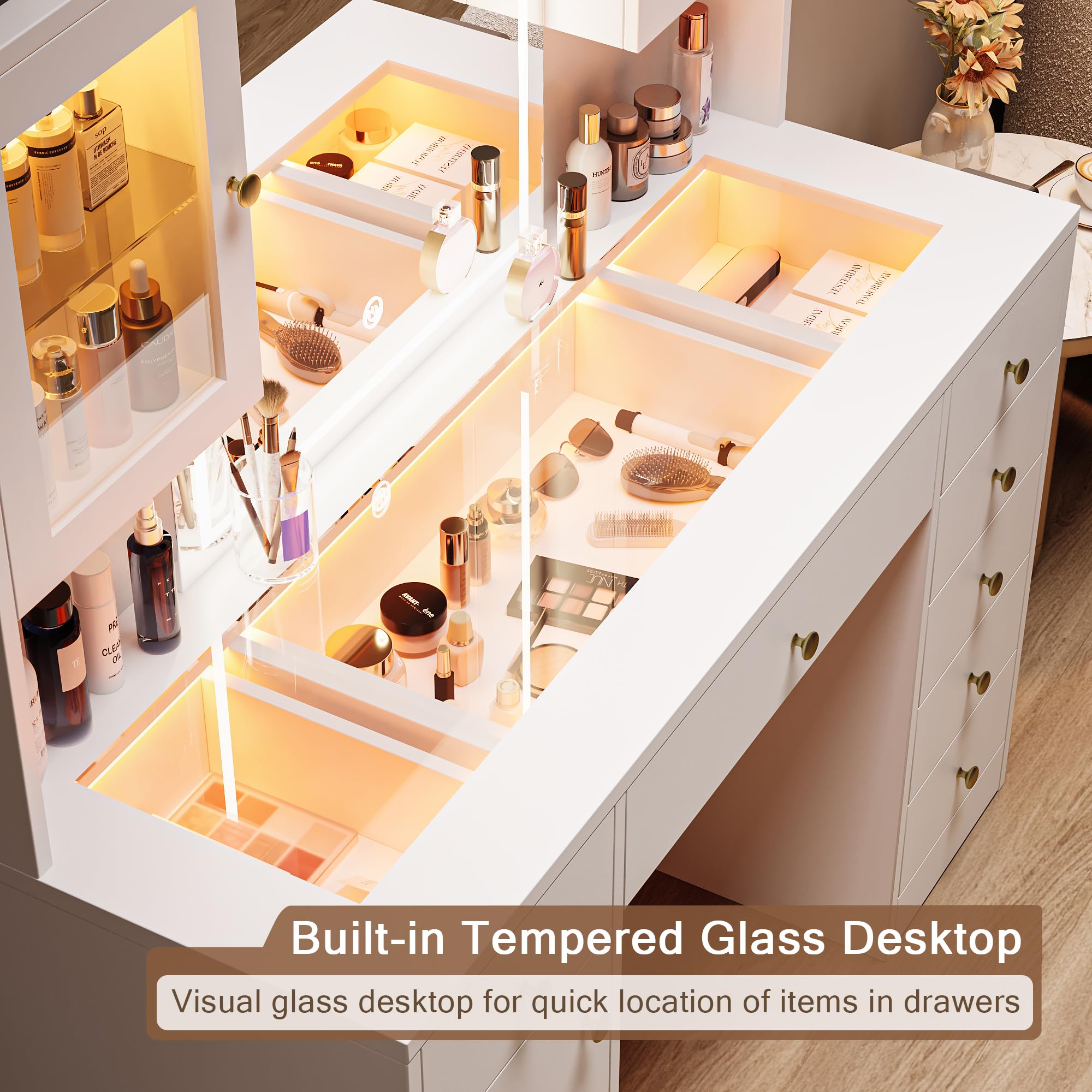 Einhomn Makeup Vanity Desk with Mirror & LED Lights, Large Glass Top Vanity Table with 7 Drawers & 3 Cabinets, Modern Dressing Table with Charging Station & RGB Lights for Bedroom, White