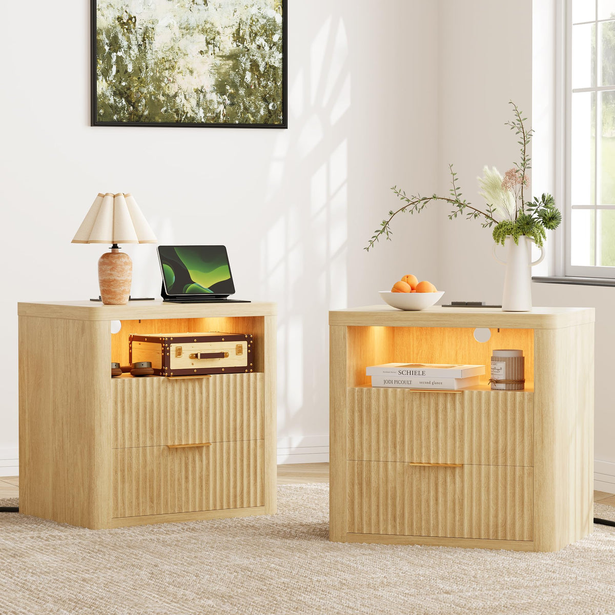 YESHOMY Fluted Nightstands Set of 2 with Charging Station, Natural Wood