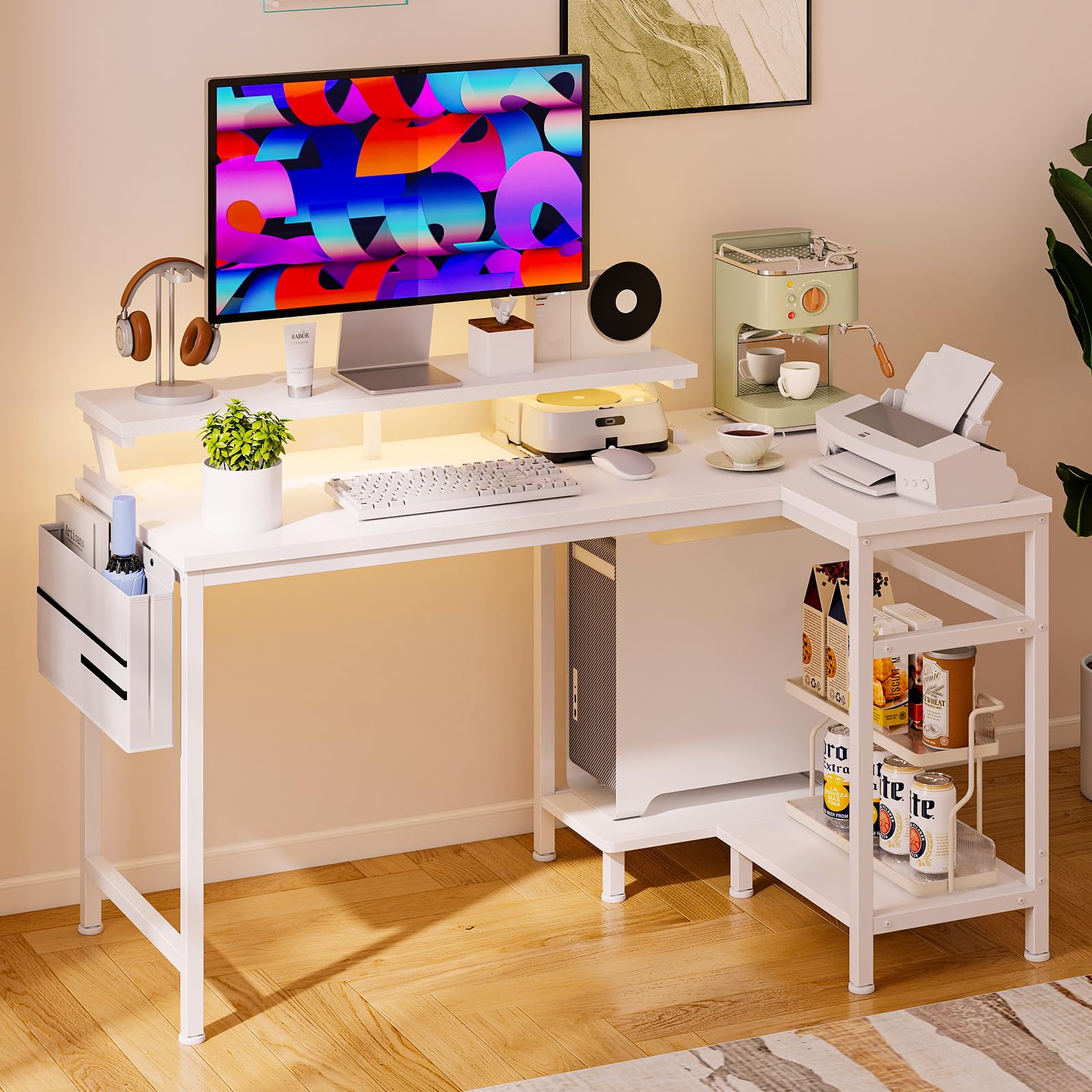 L-Shaped Gaming Desk with LED Lights & USB Charging