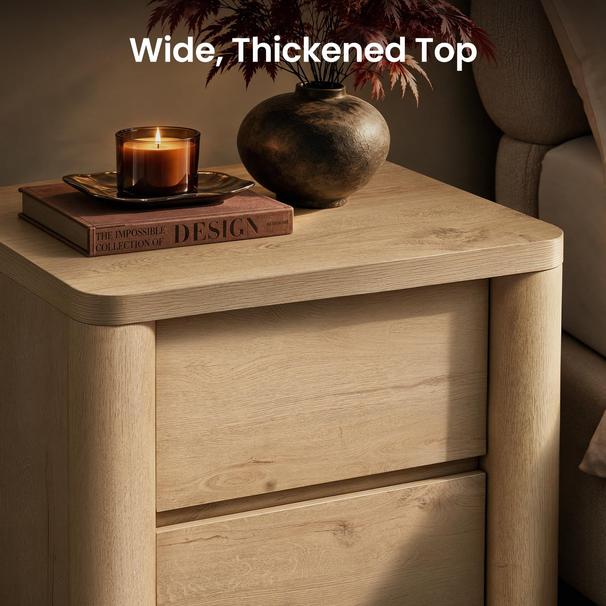 ModernMate Nightstands Set of 2, 26" Night Stand with 2 Drawers, Large Bedside Table with Thick Top, Stable Round Legs, Wood Nightstand for Bedroom Living Room End Bed Side Tables,Natural Oak