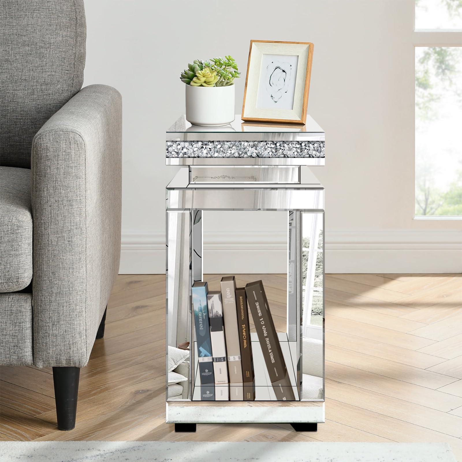 Jesantab Silver Mirrored End Table, Modern Crushed Diamond Accent Tables, Small Side Coffee Table for Living Room, Bedroom, 11.8"x11.8"x23.6"