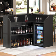 L-Shaped Home Bar Cabinet with Fridge Space, 4-Tier Corner Bar Cabinet with Glass Holder, Liquor Cabinet for Home with Led Lights, Power Outlets, Wine Cabinet for Living Room, Dining Room, Basement