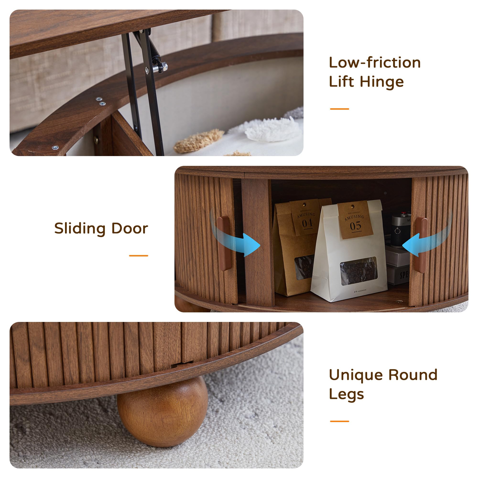 SUJOUCRAFT 33.5" Round Lift-Top Coffee Table with Storage, Mid-Century Wood Fulted Coffee Table with Sliding Door & Ball Legs, Living Room Center Drum Table for Apartment Living Room (Brown)