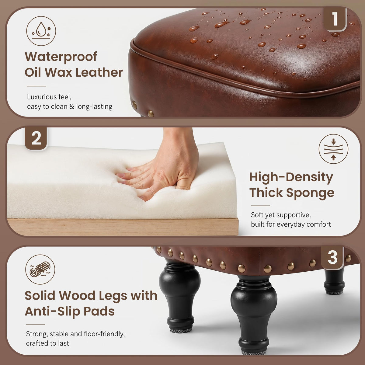 Cmishe Ottoman Leather Footrest,Vintage Footstool,Thickened Foam Upholstered Seat,Wooden Leg Foot Rest,Under Desk Shoe Bench Small Bench for Living Room Dining Room(Bronw)