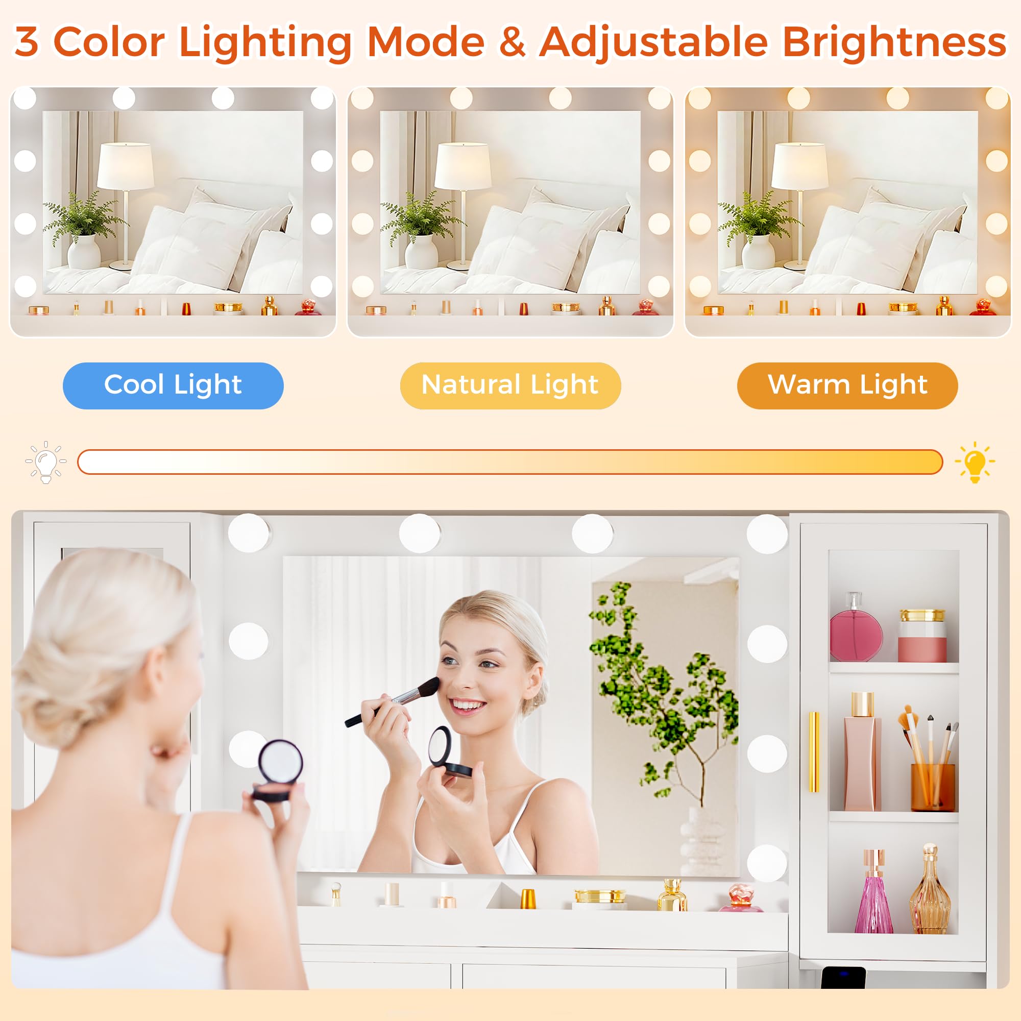 YUNSCEND 53.15" Large Vanity Desk with Mirror and Lights,White Makeup Vanity with Glass Top Power Outlet Vanity Table with 11 Drawers 6 Shelves Dressing Table Stool Set for Bedroom Women UXFST008W