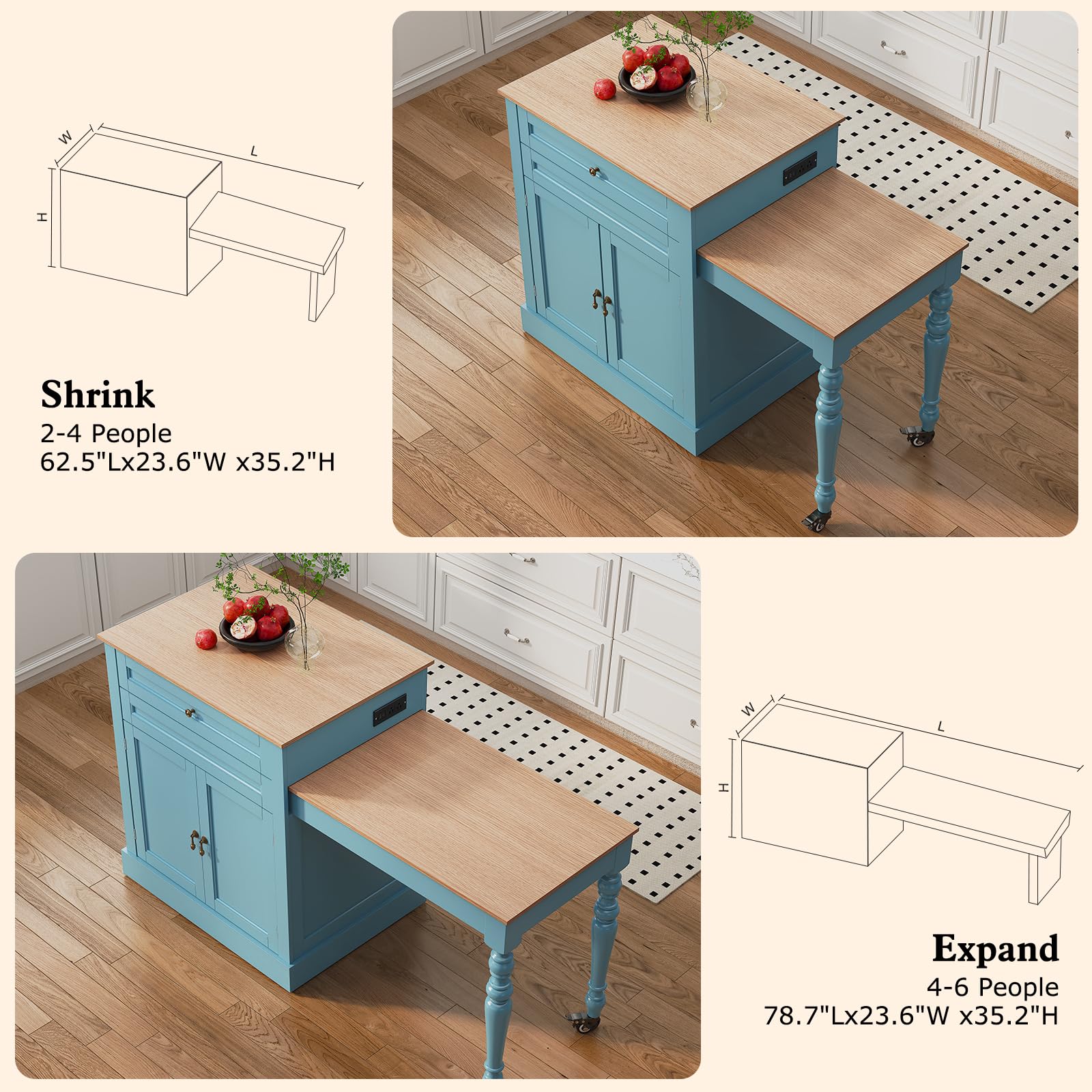 Extendable Kitchen Island with Power Outlet & Storage
