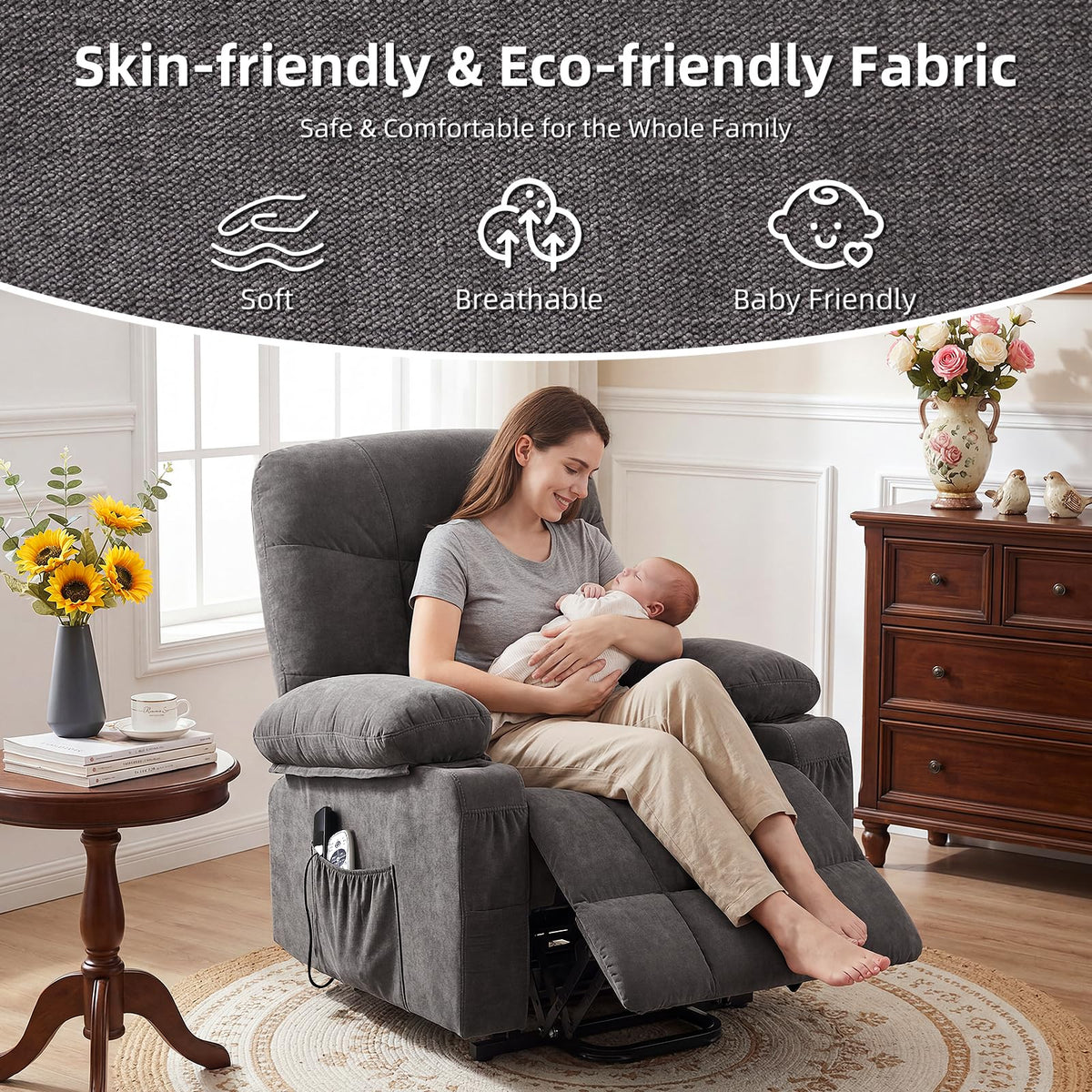 KWKSV Power Lift Recliner Chair for Elderly,8-Point Vibration Massage & Heat,Electric Lift Chair with Two Cup Holders,4 Side Pockets,Extended Footrest for Living Room