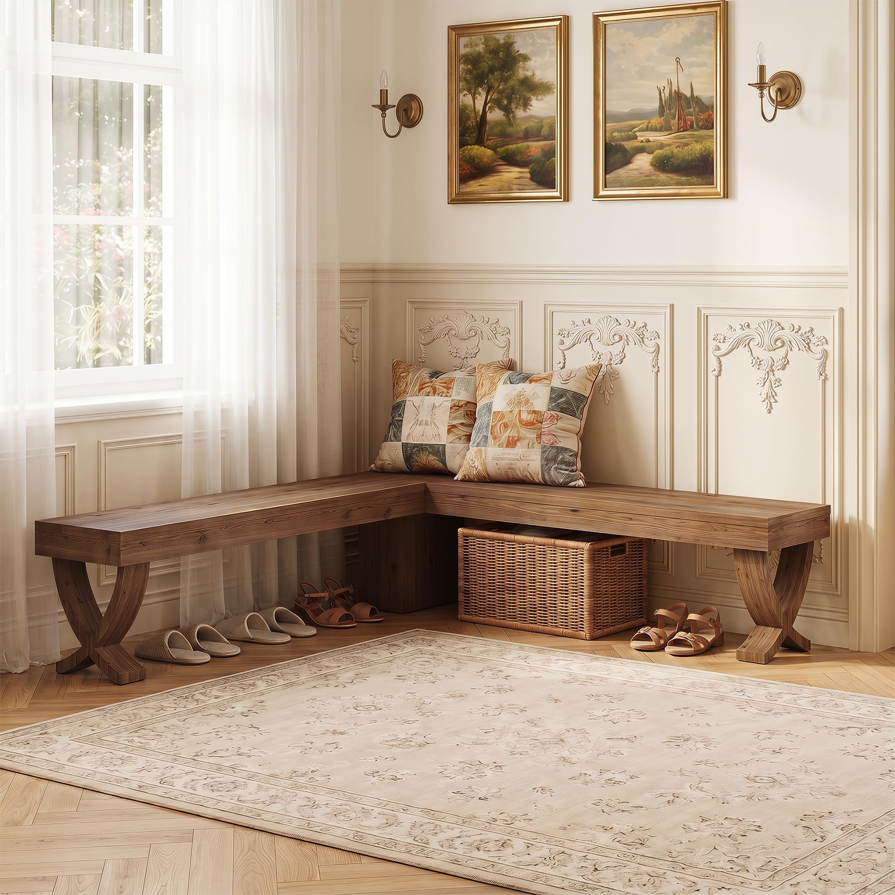 TRIBEWOOD L Shaped Solid Wood Corner Bench, 55-Inch Farmhouse Table Bench with X-Shaped Leg, Backless Entryway Shoe Bench, for Dining Room, Hallway, Rustic Brown
