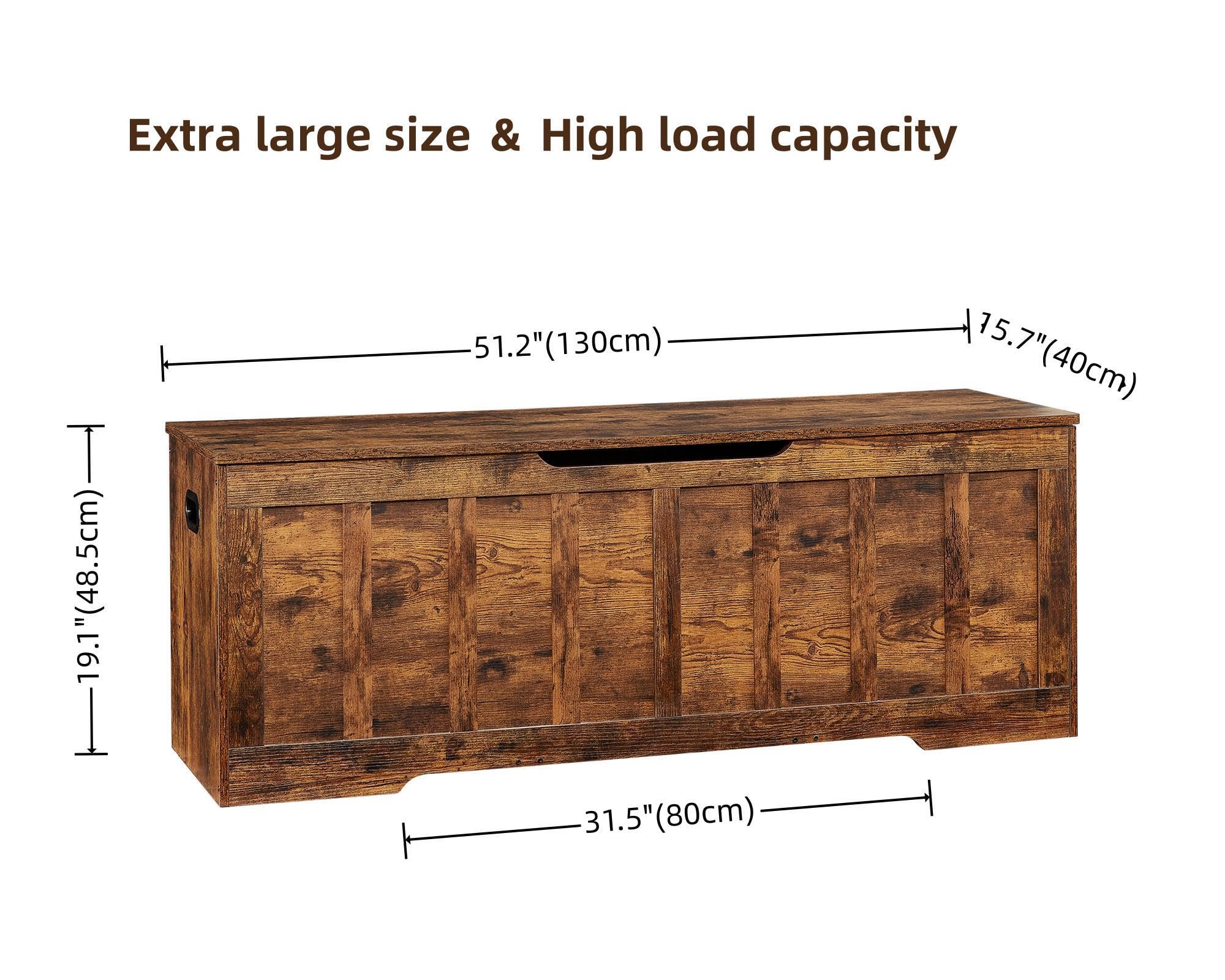 VANKILEY 51.2"Storage chest extra large,storage bench with 2 safety hinges,Shoe Bench,51.2*15.7*19.1inches,wooden trunk for bedroom,livingroom,entryway,Supports 220 lb,Easy Assembly(Rustic brown)