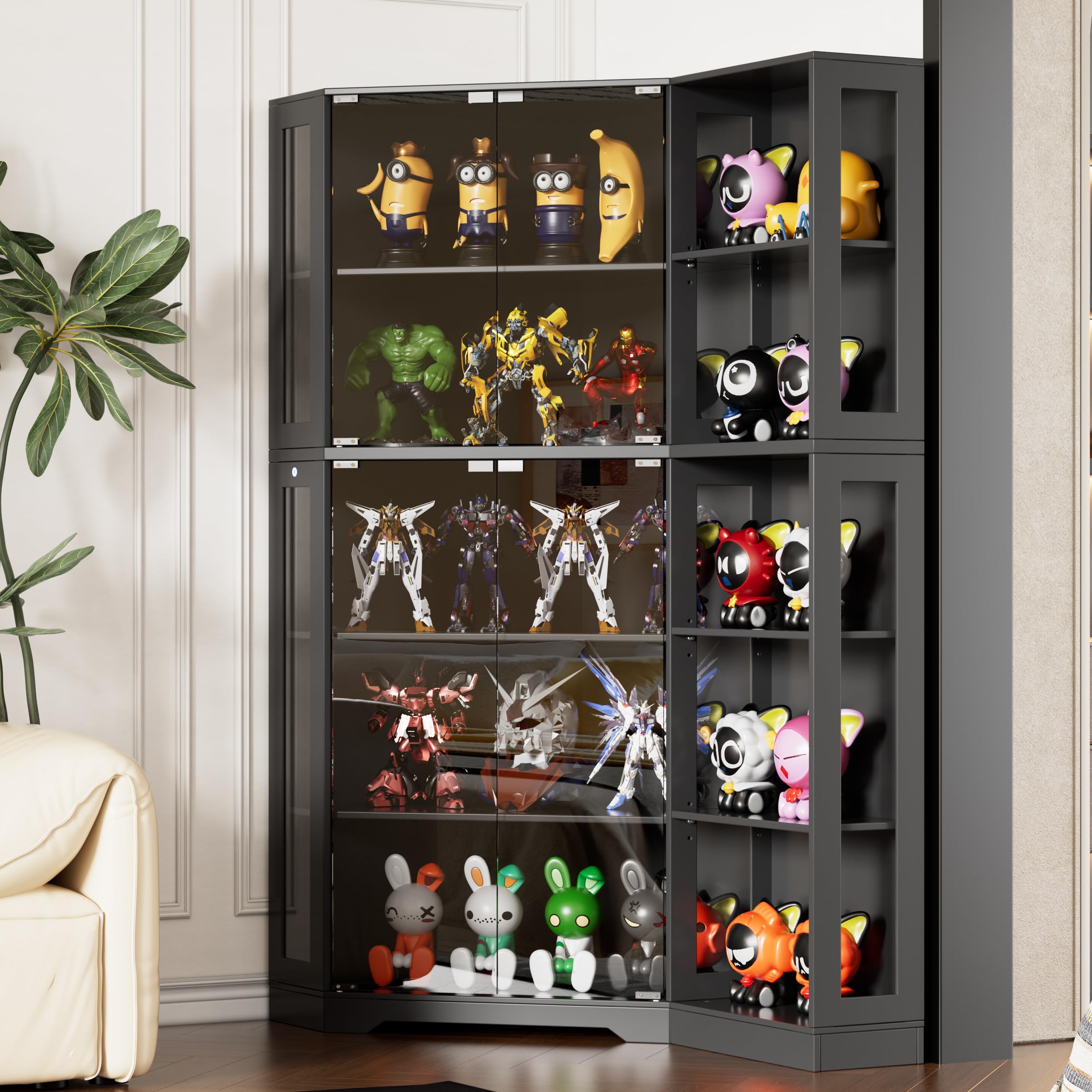 PAKASEPT Corner Display Curio Cabinet with Glass Doors, Glass Display Case with LED Lights for Collectibles,Display Storage Shelves for Living Room,Black