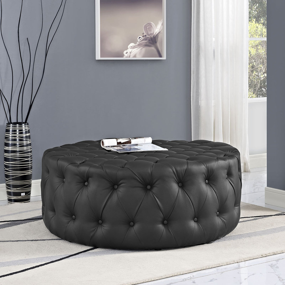 Round Tufted Faux Leather Ottoman