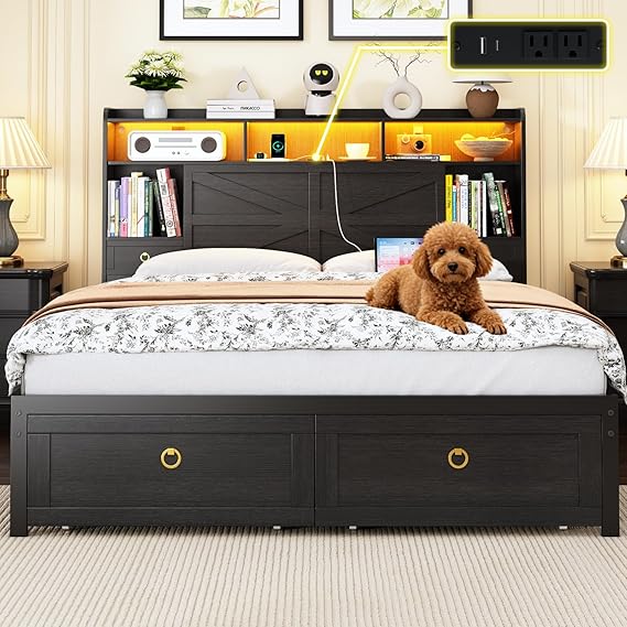 Platform Bed Frame with LED Lights, Storage & Charging Station