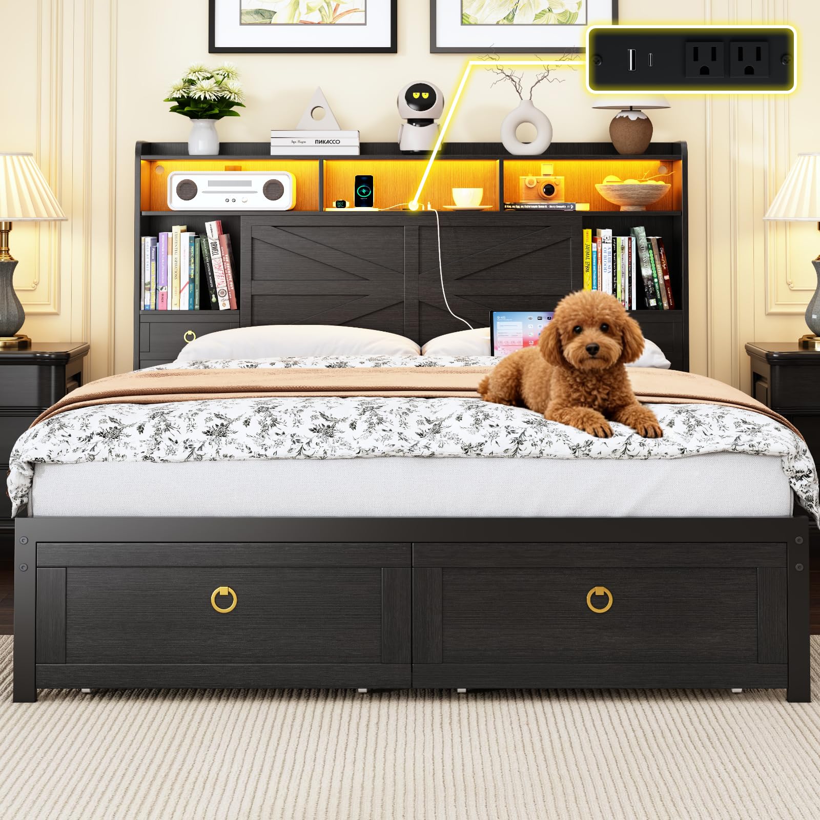 Etditrnp Queen Bed Frame with Storage Headboard, Farmhouse Platform Bed Frame with Bookshelf, Drawers, LED Lights and Charging Station, Metal Slats Support, Noise Free, No Box Spring Needed, Black