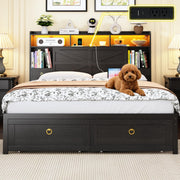 Platform Bed Frame with LED Lights, Storage & Charging Station