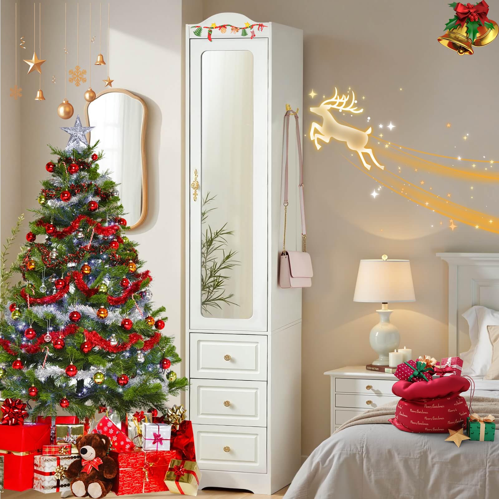 JanflyHome Armoire Wardrobe Closet, White Bedroom Armoires Cabinet with Mirror Door and 3 Drawers, 69.5" H Clothing Storage Cabinet with Hanging Rod & Sensor Light for Bedroom-Right