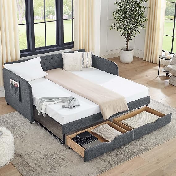 Upholstered Daybed with Trundle & Storage Drawers