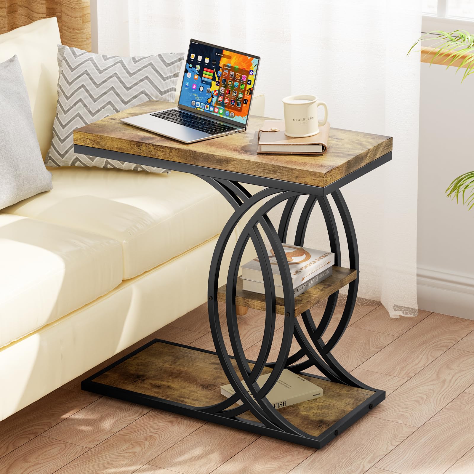 C-Shaped 3-Tier End Table with Metal Frame