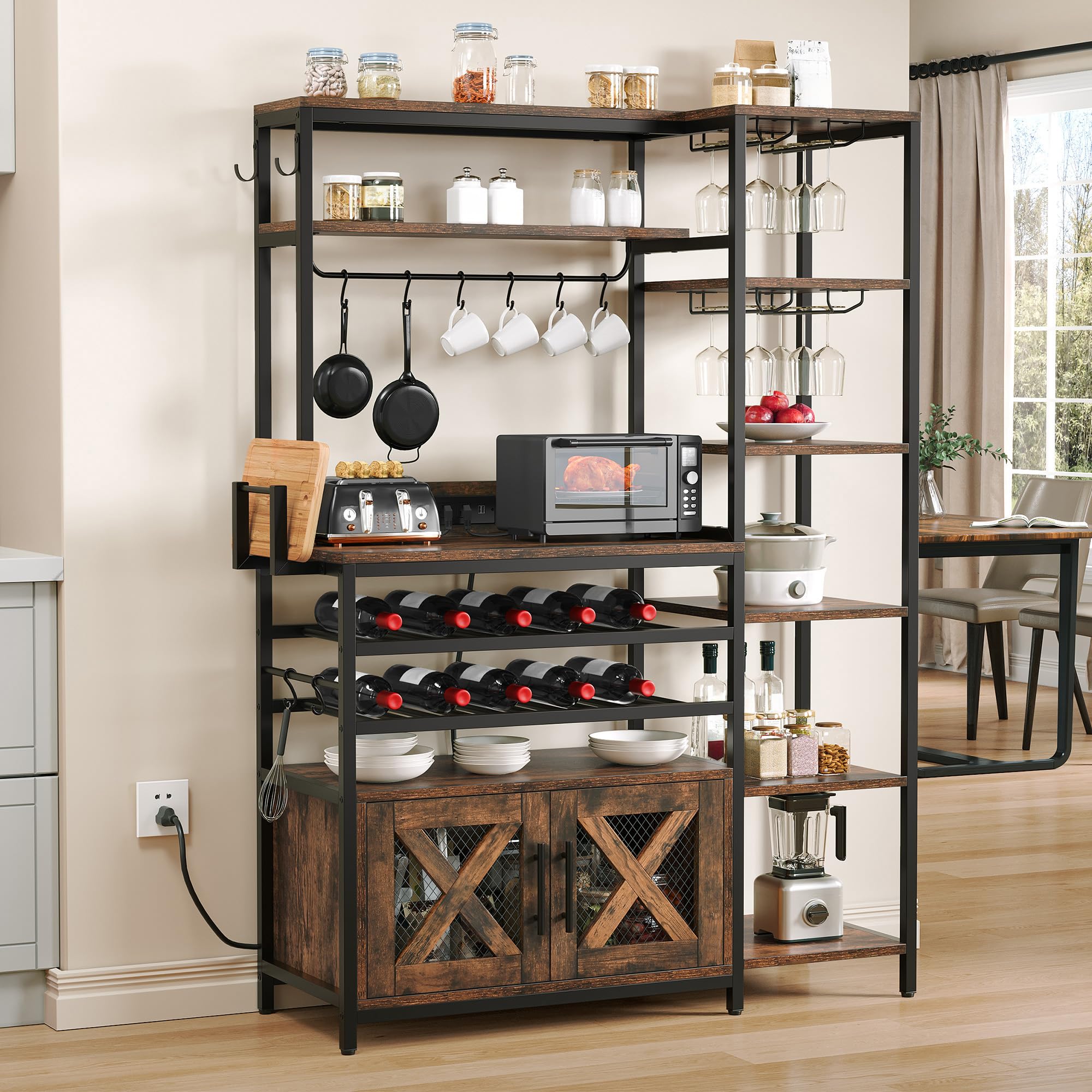 6-Tier L-Shaped Bar Cabinet with Wine Rack & Power Outlet