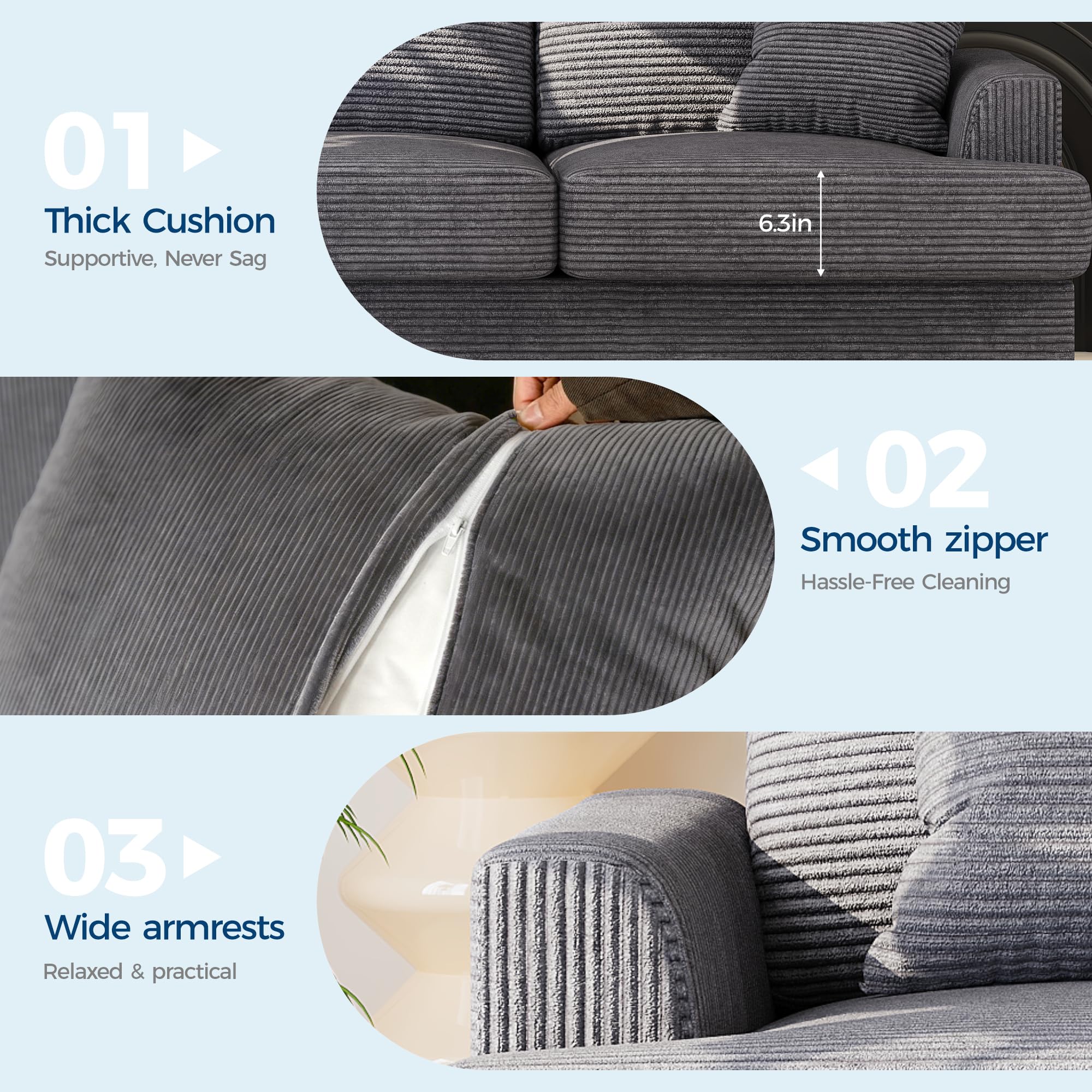 IDEALHOUSE 86" Corduroy Comfy Sofa, 3-Seater Sofa Couch with 2 Throw Pillows, Cloud Couch with deep Seats and 2 Removable Back Cushions, Modern Sofa for Living Room, Bedroom, Apartment, Office, Grey