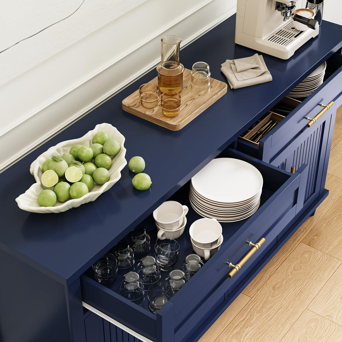 ZOSQUARE 58 Inch Sideboard Buffet Cabinet with Storage, Fluted Buffet Storage Cabinet with 2 Drawers and 4 Doors, Modern Coffee Bar with Adjustable Shelves for Living Room, Kitchen (Blue)