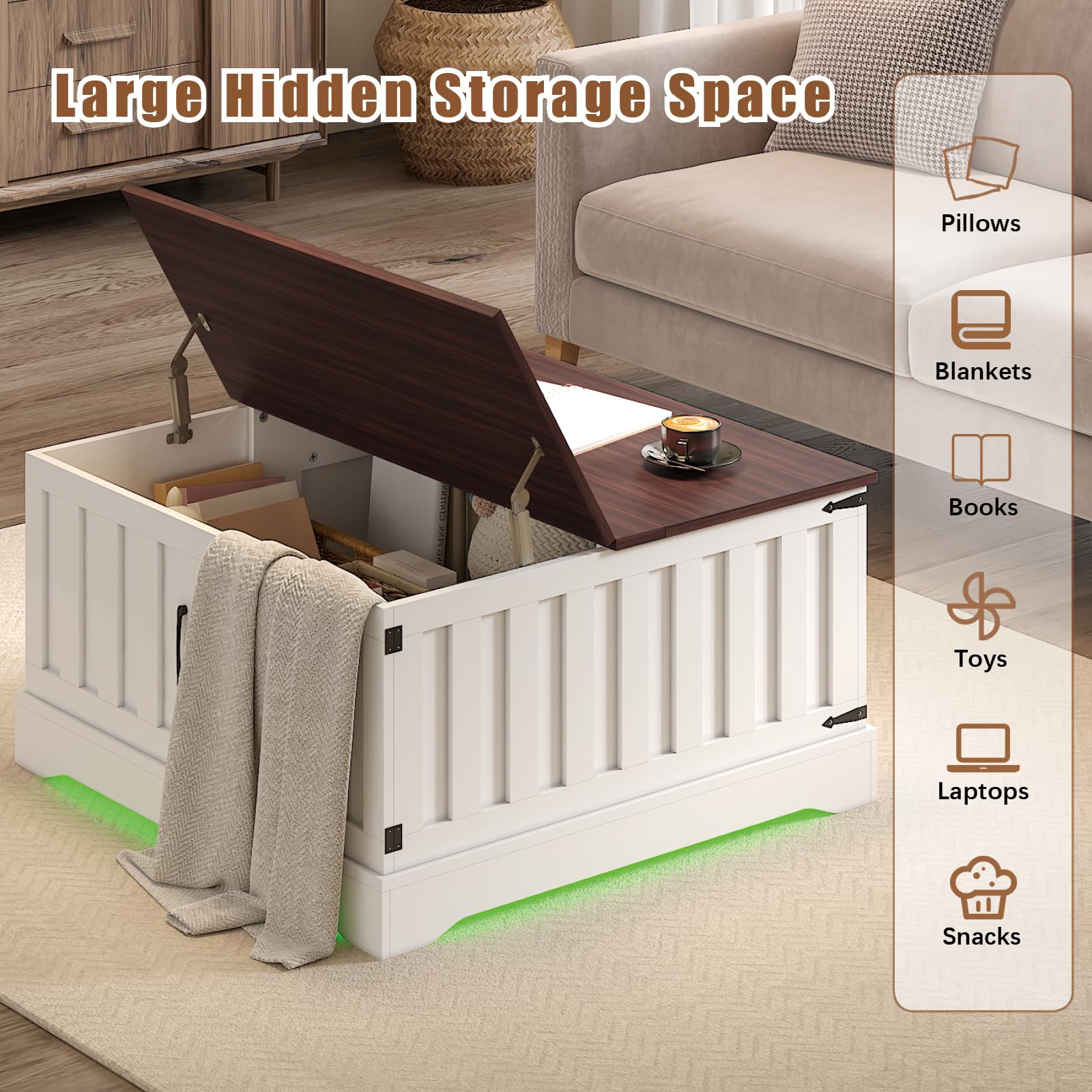 HedoAjim 31.5" Lift Top Coffee Table with Storage, Led Square White Coffee Table with Large Hidden Storage, Wood Living Room Table Center Table for Living Room Dining Reception Room