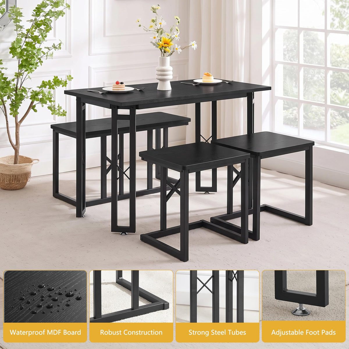 VECELO 43.3" Dining Table Set for 4, Space-Saving Kitchen Table with 1 Bench and 2 Stools, Tuck-Away Seating, Rustic Farmhouse Style, Adjustable Foot Pads, Black