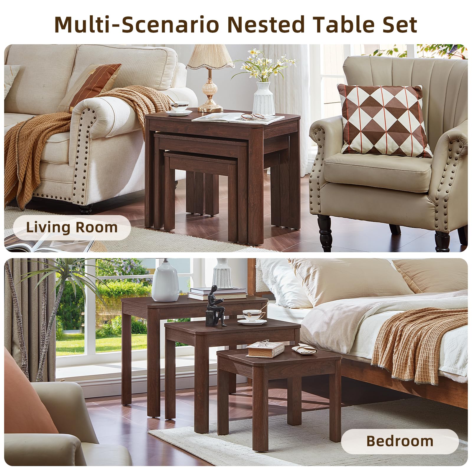 Farmhouse Nesting Coffee Tables Set of 3 – Solid Wood, Rounded Corners