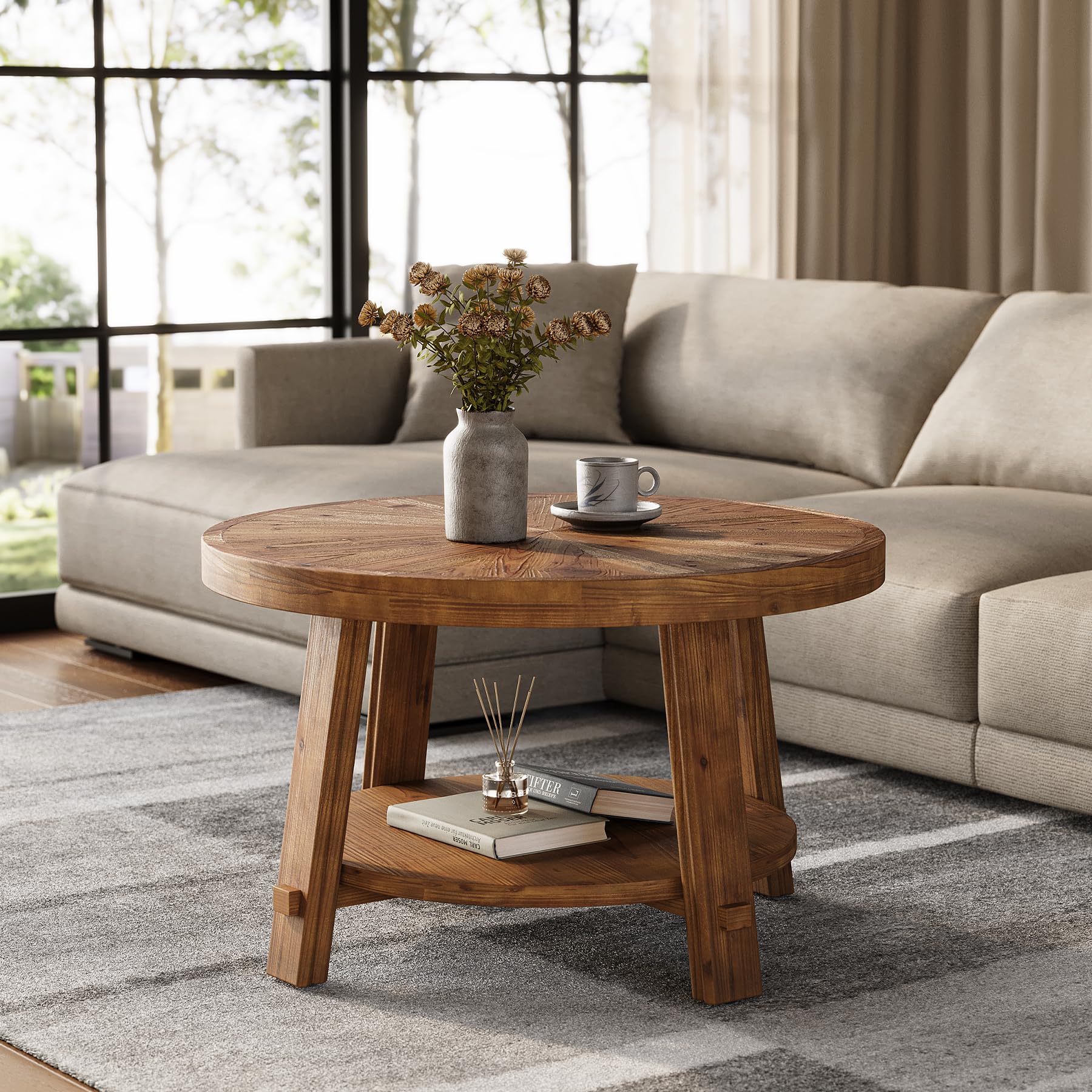 LITTLE TREE Solid Wood Coffee Table with Storage, 2-Tier Farmhouse Round Coffee Table for Living Room, Easy Assembly (Rustic Wood Color)