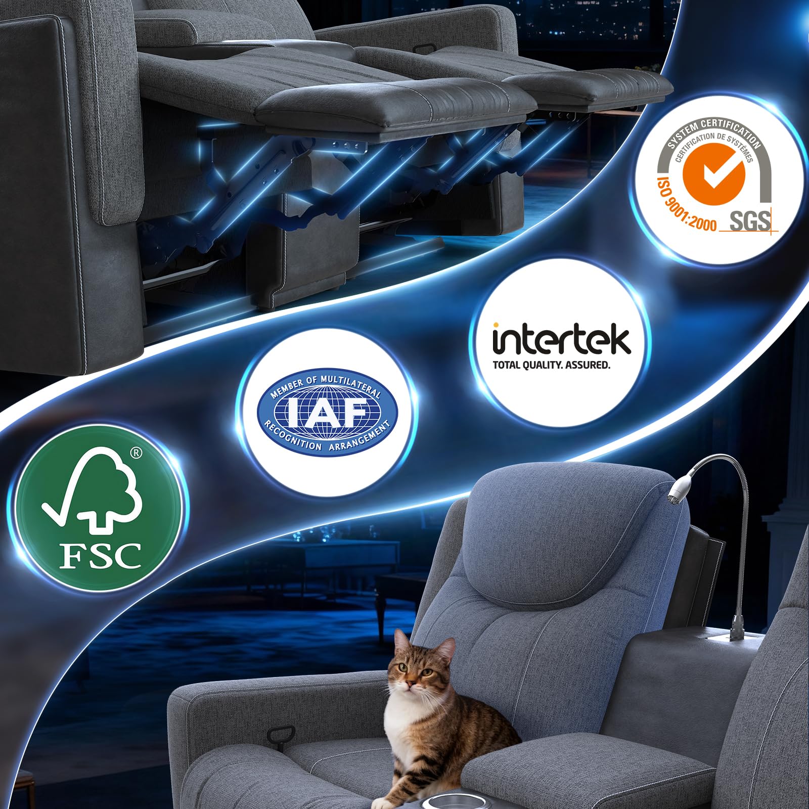 Manual Loveseat Recliner Sofa, Home Theater Seating with Touch Reading Light, Console with Cup Holders & Storage, USB Ports, 2 Seater Reclining Couch for Living Room, RV, Home Theater