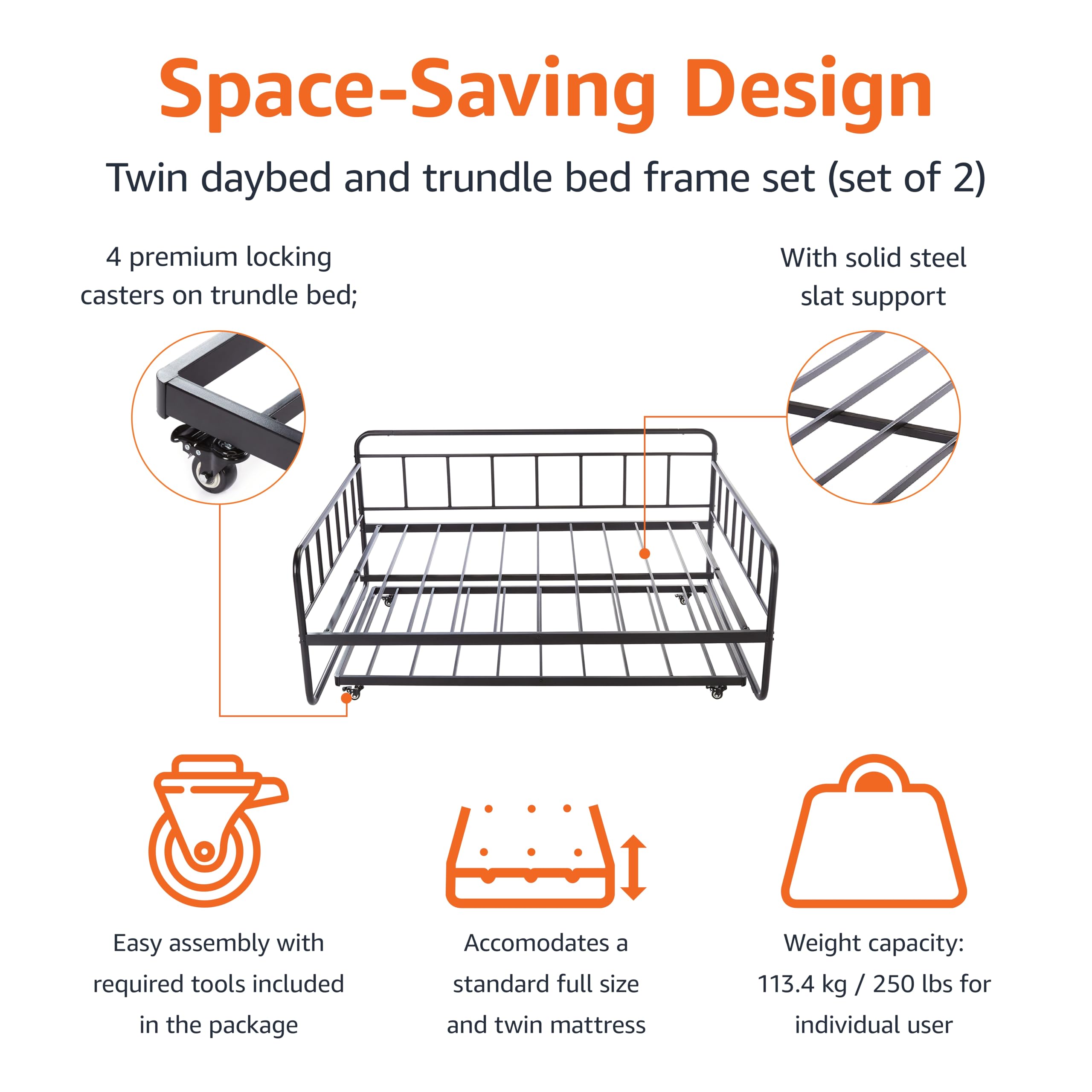 Amazon Basics Full Size Daybed and Twin Size Trundle Bed Frame Set, Space Saving Steel Slat Support, Sturdy Metal Design, Easy Assembly, Black