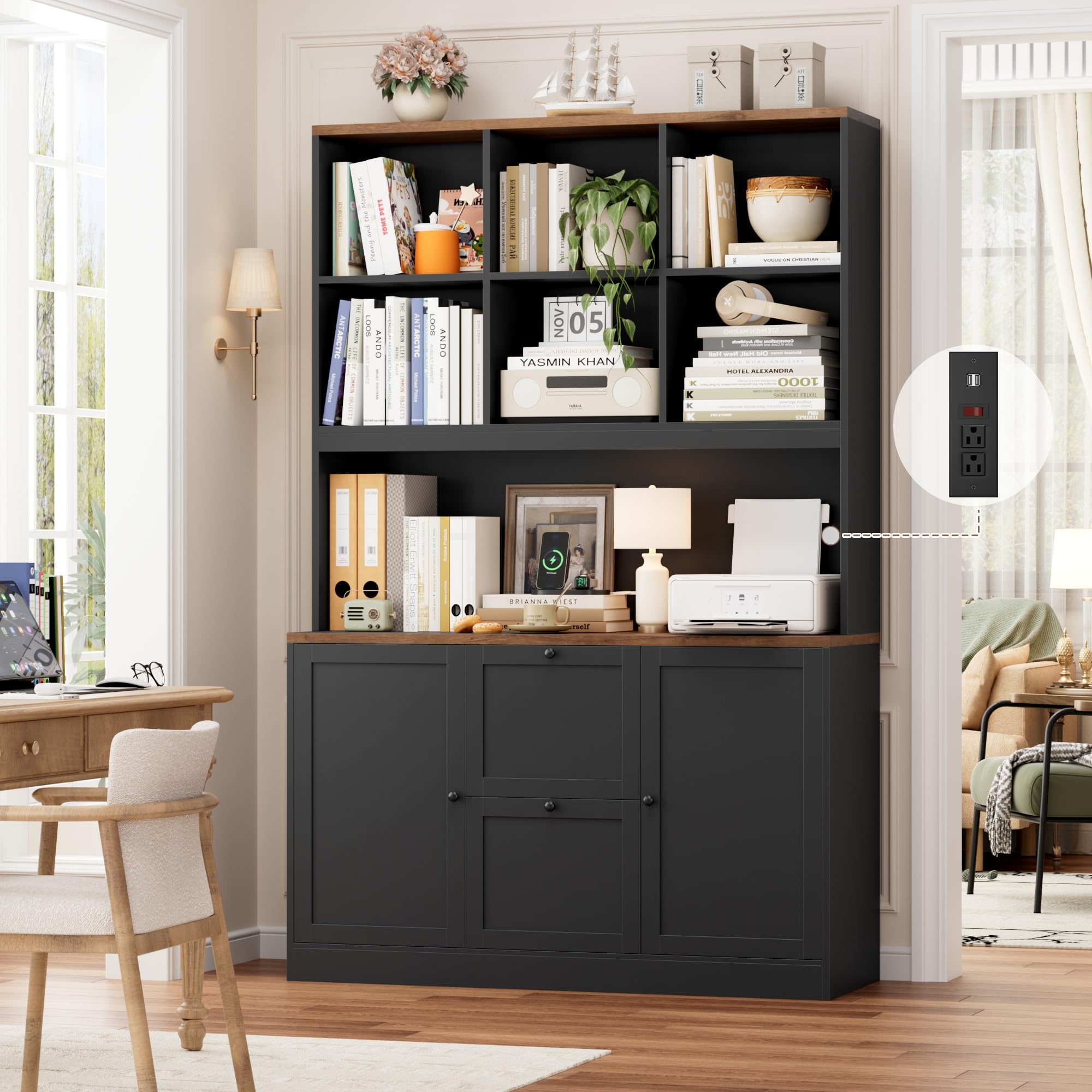 72" Tall Bookcase with Power Outlet & File Drawers
