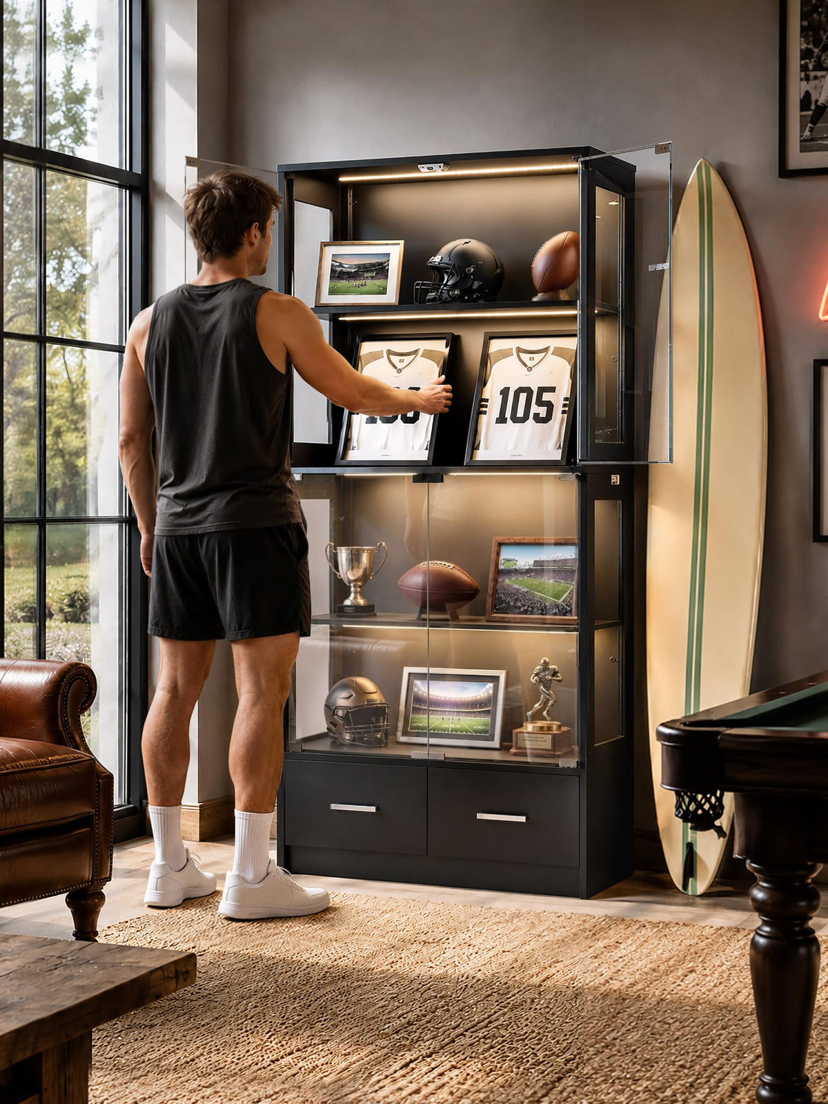 Lamtor 67-inch Glass Display Cabinet for Sports Memorabilia | Black