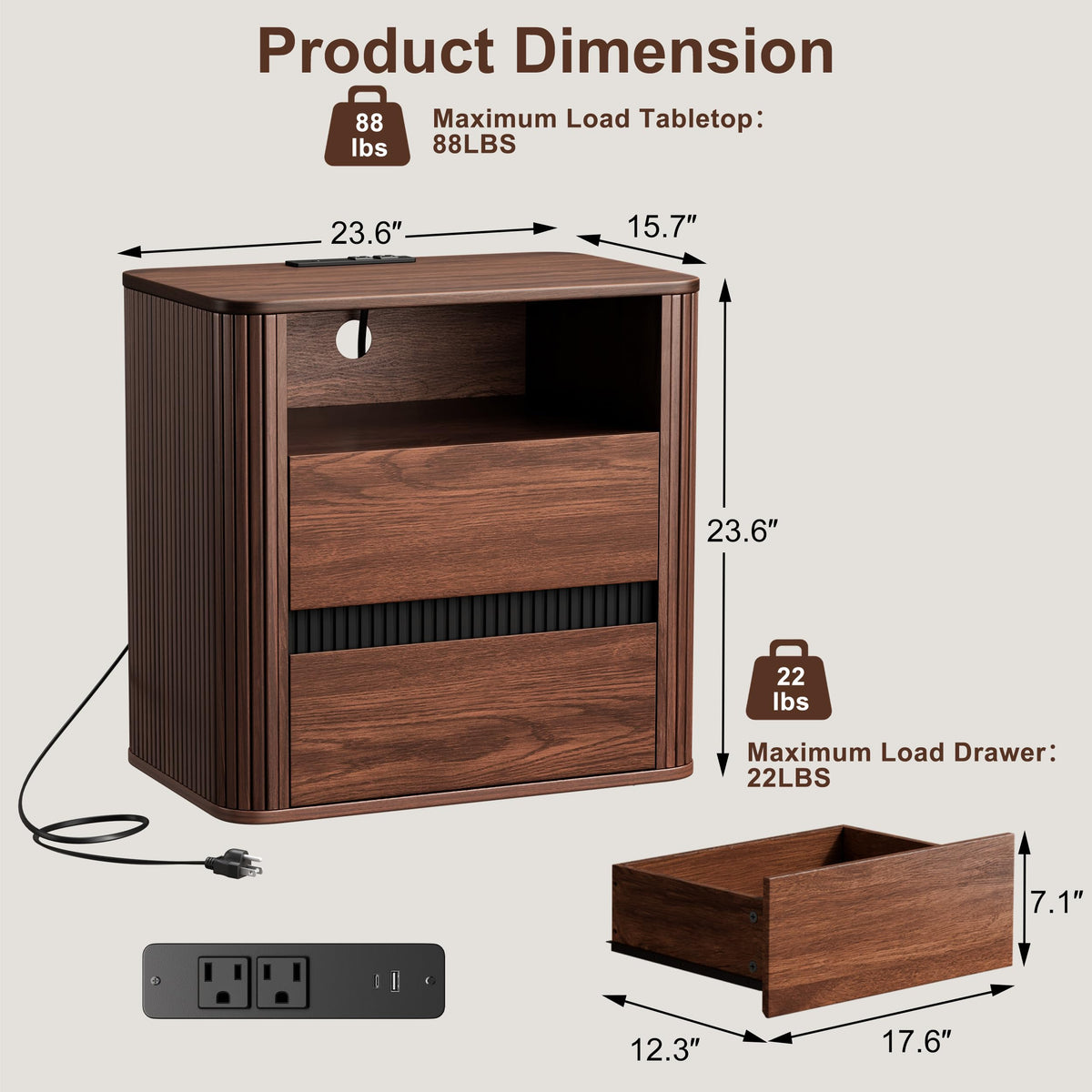 Walnut Nightstands Set of 2 with Charging Station, Modern Fluted Nightstand