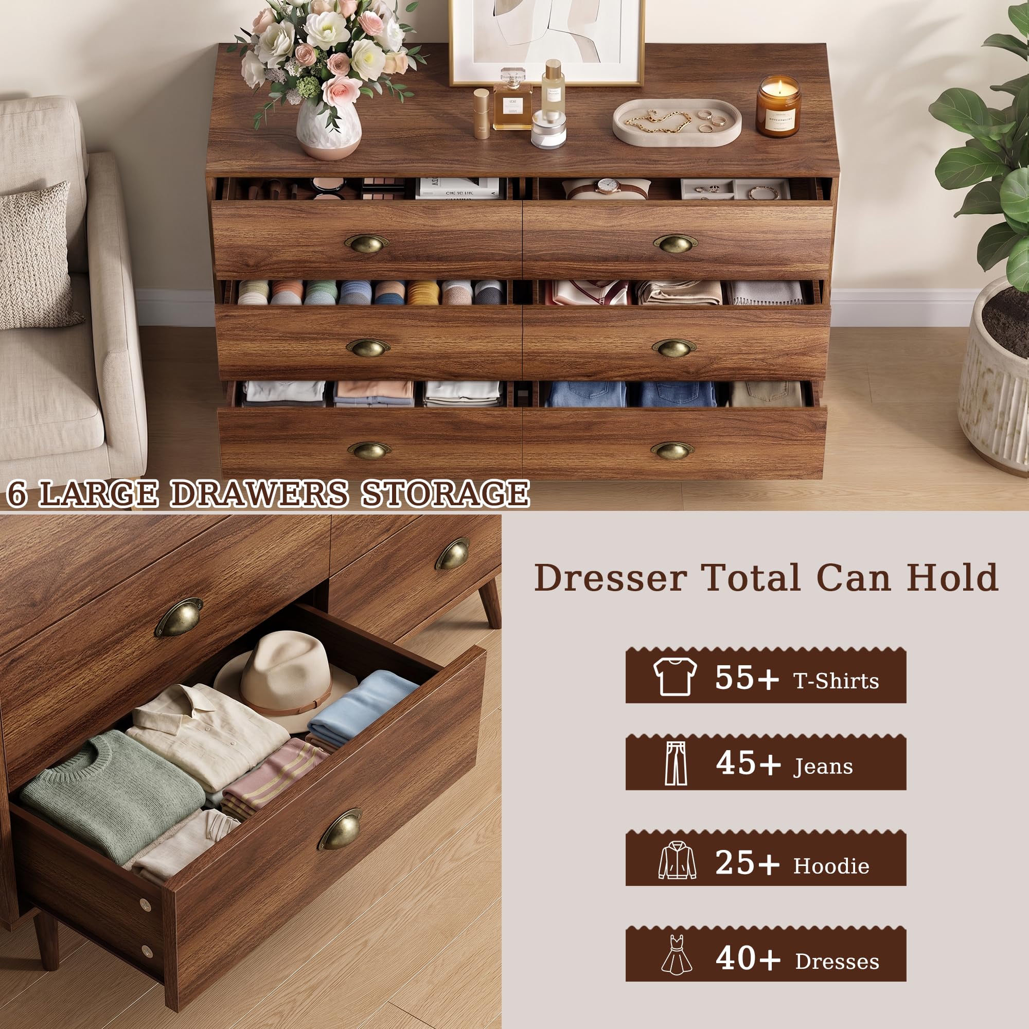 CARPETNAL Walnut Dresser for Bedroom, 6 Drawer Dresser with Wide Drawers and Gold Metal Handles, 47” Wood Dressers & Chests of Drawers for Hallway, Entryway.