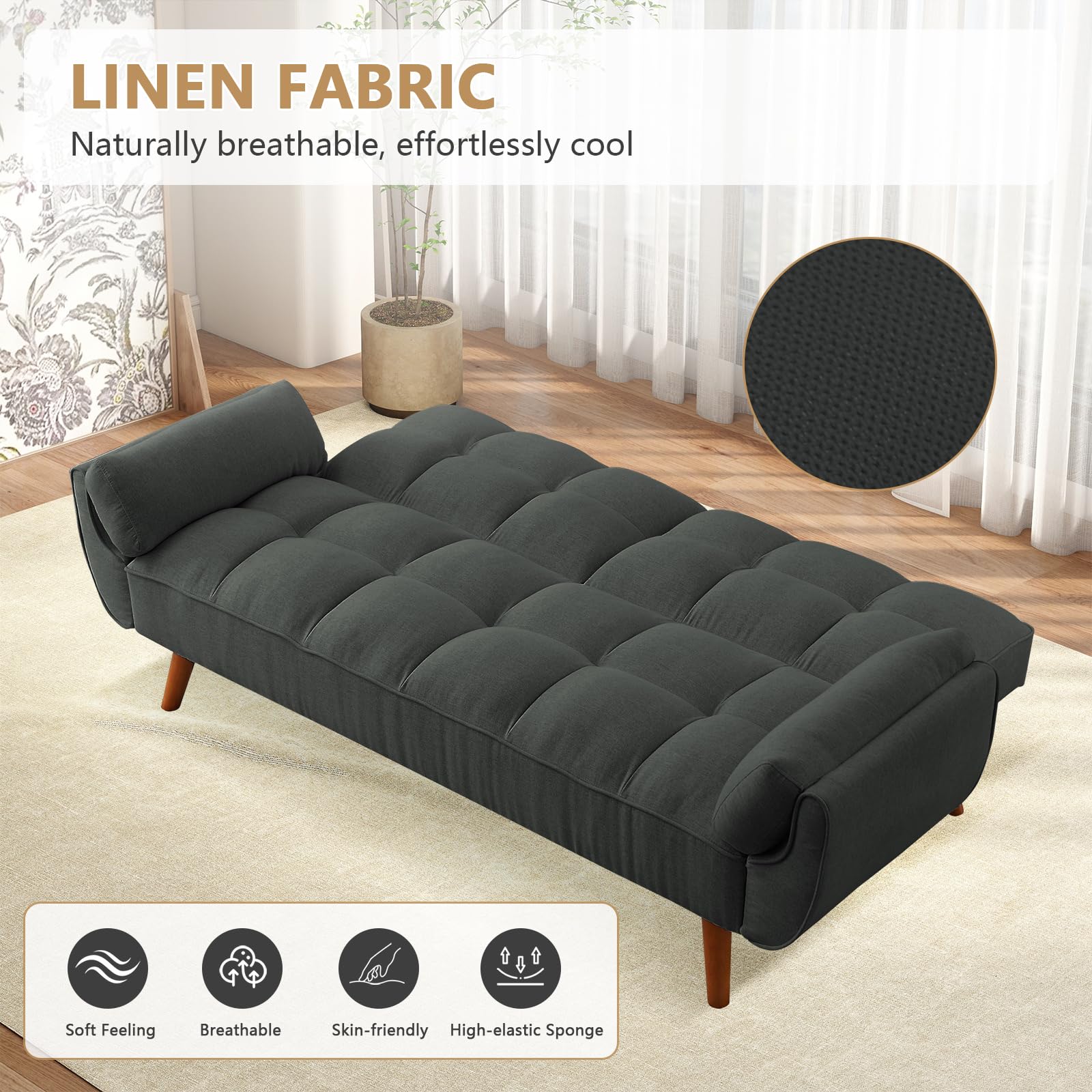 Gleariae 75" Convertible Futon Sofa Bed, Sleeper Couch Bed with Adjustable Backrest, Small Couches for Small Spaces, Living Room, Bedroom and Office (Dark Gray)