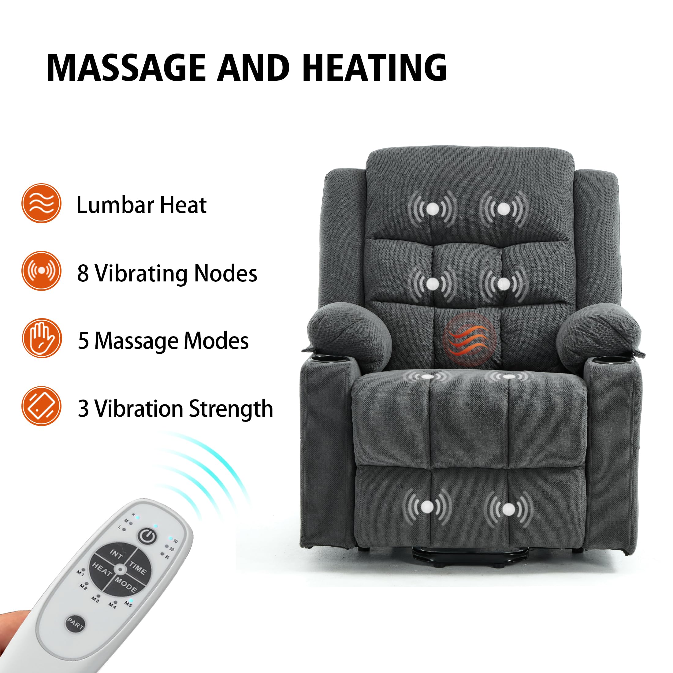 Ketaiyou Electric Power Lift Recliner Chair Sofa with Massage and Heat for Elderly, USB and Type-C Ports, Cup Holders, Infinite Position (Dark Grey, Regular)