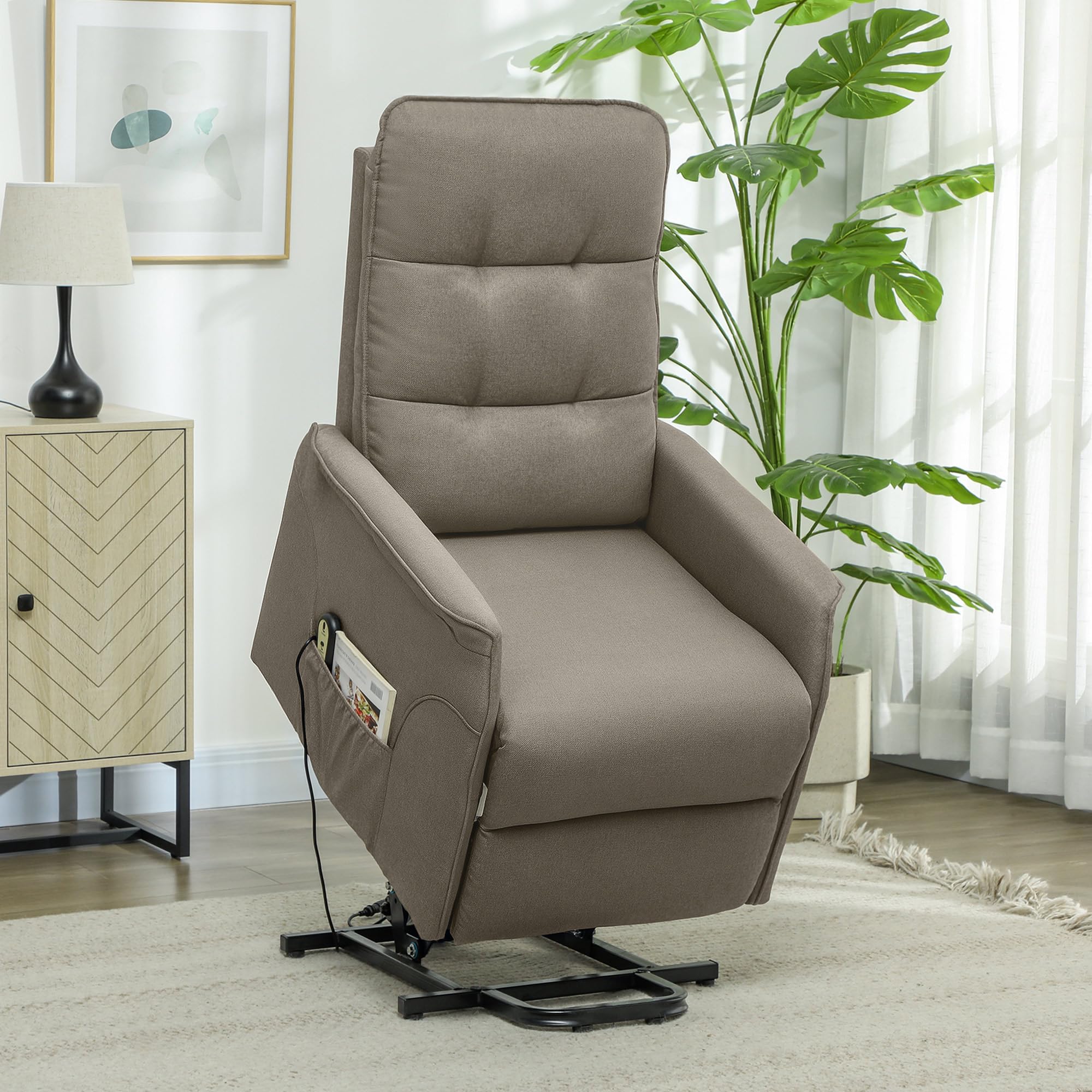 HOMCOM Power Lift Recliner Chair for Elderly, Fabric Lift Chair Sofa with Remote Control, Side Pockets, Pocket Spring, Tufted Back, Quick Assembly, Coffee