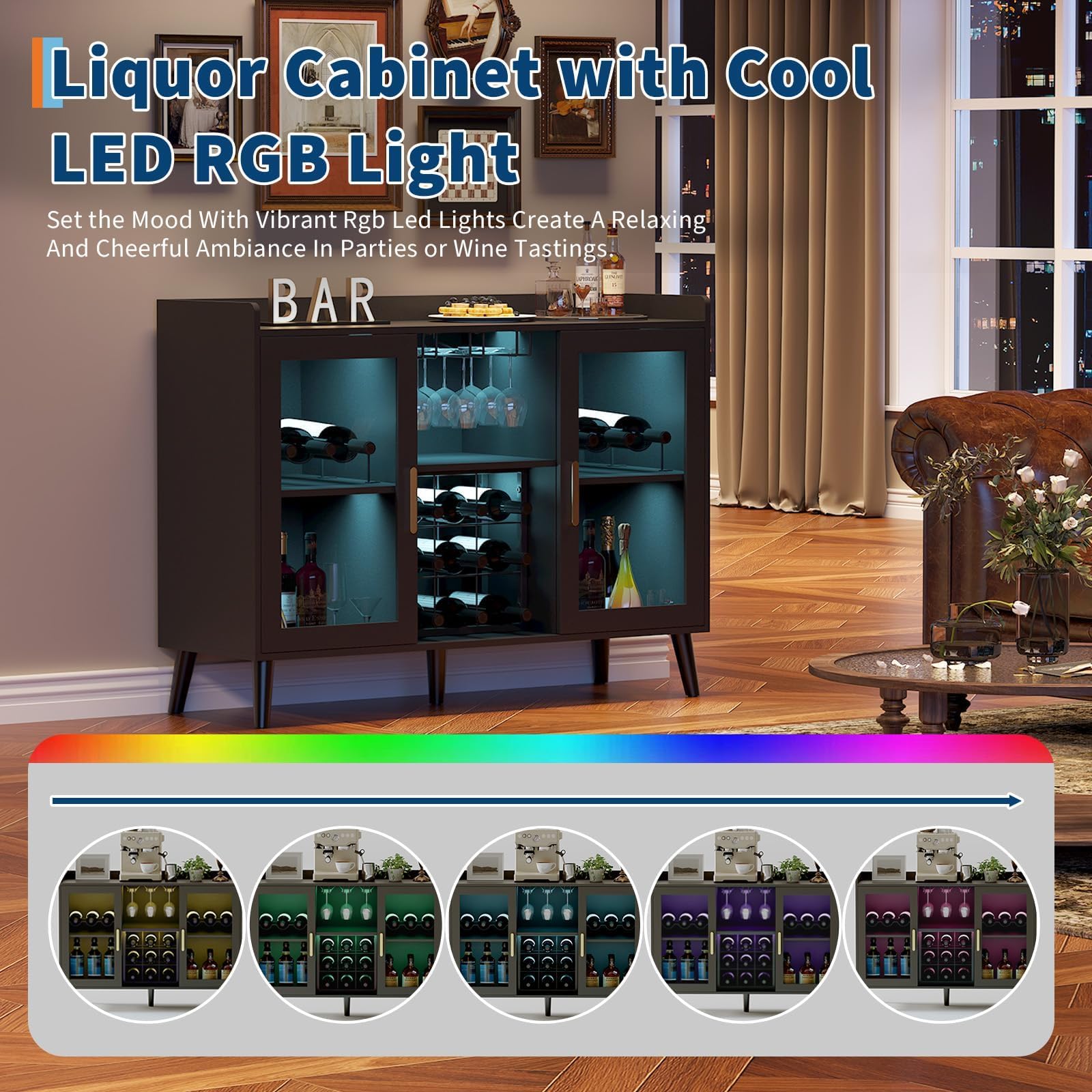 GAOMON Modern Wine Bar Cabinet with LED Lights - Freestanding Coffee & Liquor Storage Cabinet with Glass Holder, Wine Rack, and Doors, 47" Buffet Sideboard for Kitchen Living Dining Rooms, Black