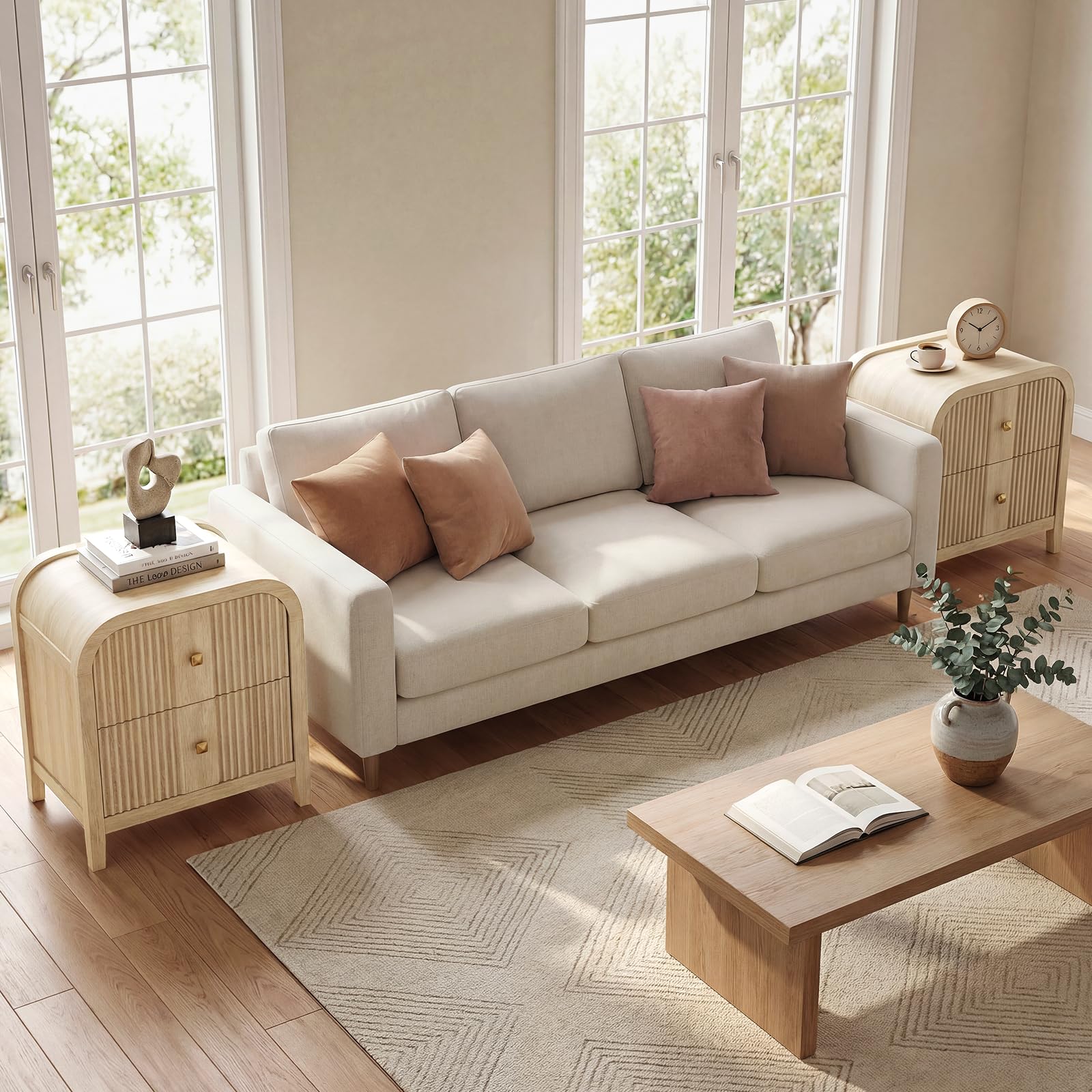2-Drawer Wave-Fluted Nightstand with Curved Top