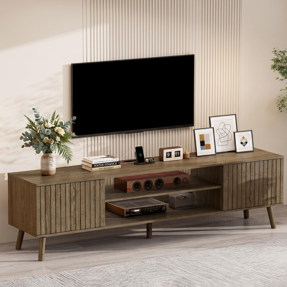 Fluted TV Stand with Charging Station
