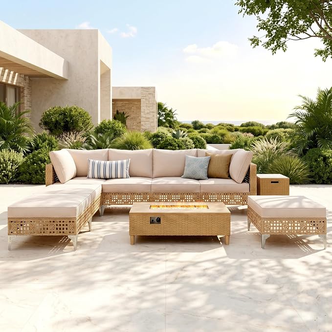 8-Piece Wicker Patio Set with Fire Pit