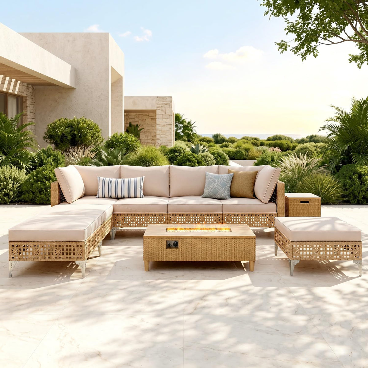 8-Piece Wicker Patio Set with Fire Pit