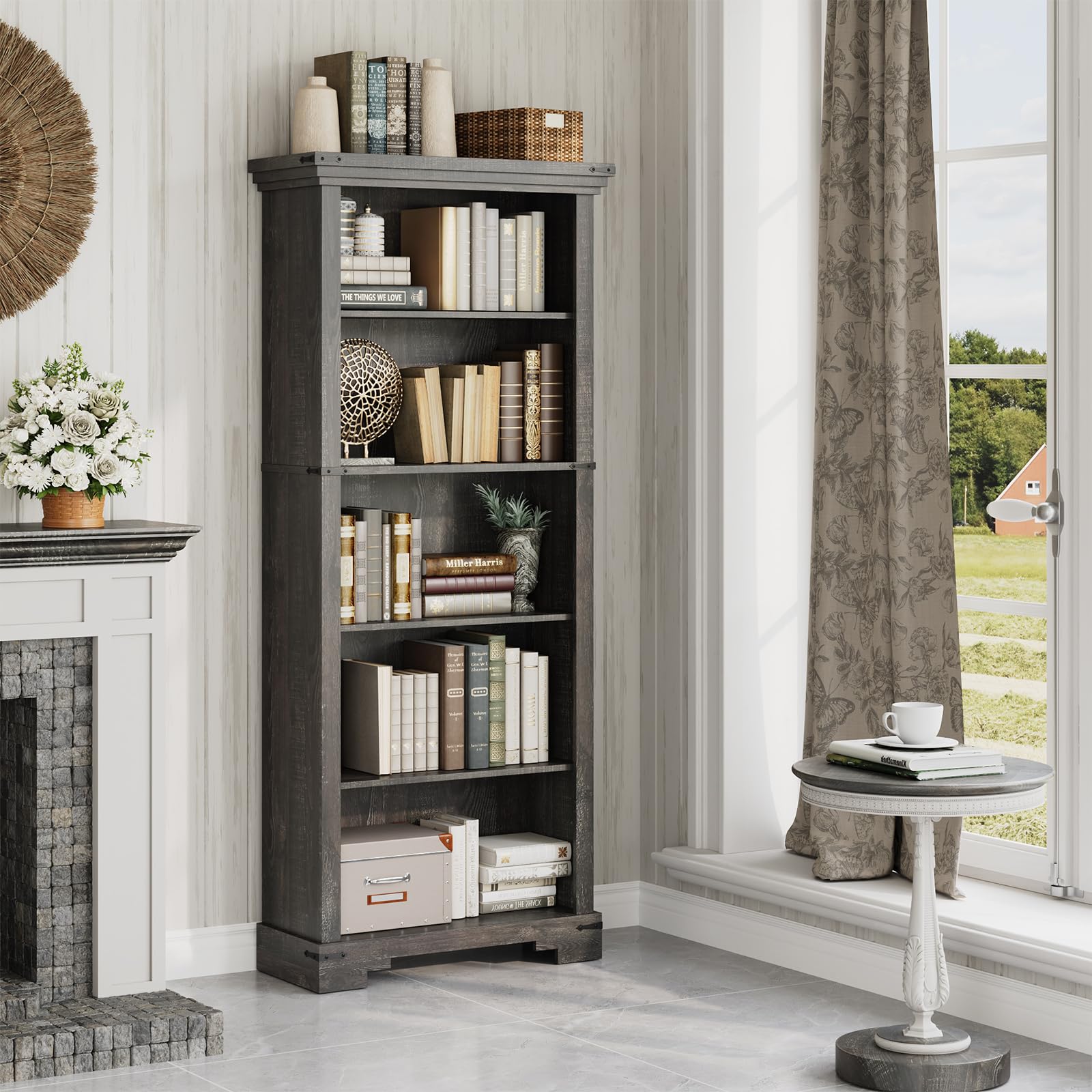HOTLUU 5-Tier Farmhouse Bookshelf, 61.1 inch Tall Bookcase with Storage & Unique Design & One Adjustable Shelf, Wooden Bookshelf for Study Room, Living Room, Home Office, Bedroom (Black)